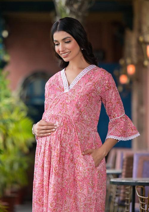 Peach Cotton Printed Maternity Feeding Kurta Set