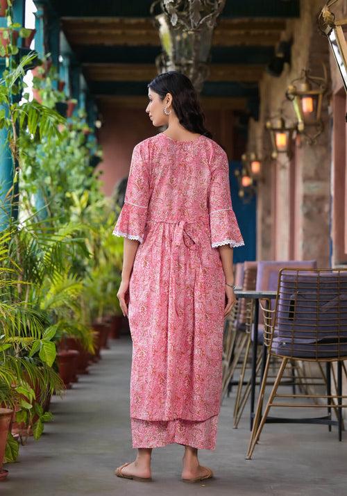 Peach Cotton Printed Maternity Feeding Kurta Set