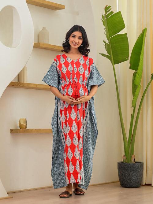 Coral Printed Front Zipper Maternity Feeding Kaftan