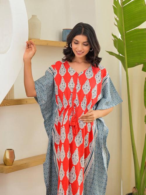 Coral Printed Front Zipper Maternity Feeding Kaftan