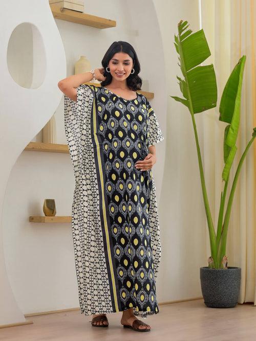 Black White Printed Front Zipper Maternity Feeding Kaftan