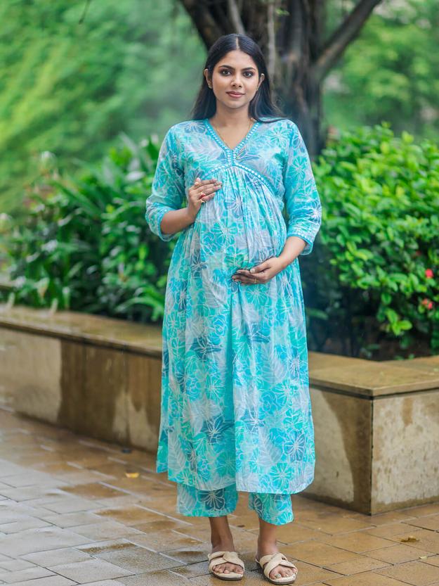 Turquoise Blue Cotton Printed Maternity Feeding Kurta Set