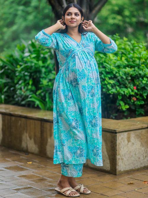 Turquoise Blue Cotton Printed Maternity Feeding Kurta Set