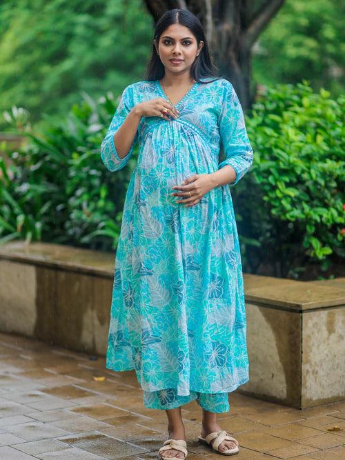 Turquoise Blue Cotton Printed Maternity Feeding Kurta Set