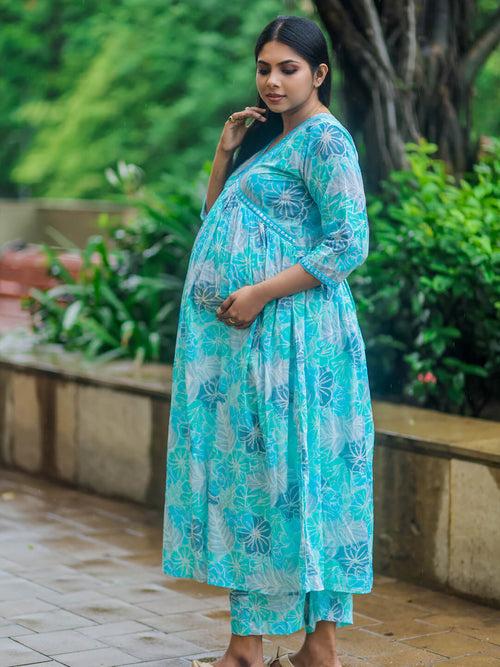 Turquoise Blue Cotton Printed Maternity Feeding Kurta Set