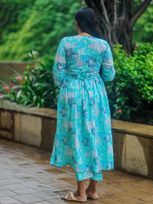 Turquoise Blue Cotton Printed Maternity Feeding Kurta Set