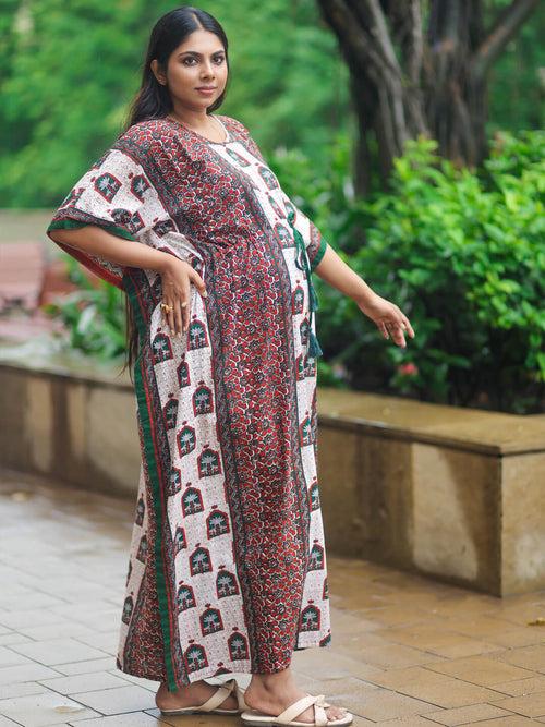 Bottle Green Multi Printed Front Zipper Maternity Feeding Kaftan