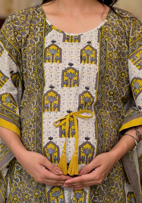 Mustard Taupe Printed Front Zipper Maternity Feeding Kaftan