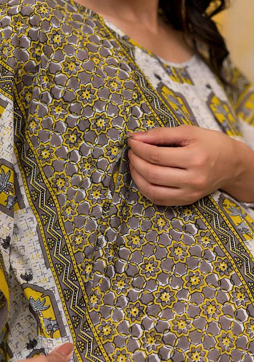 Mustard Taupe Printed Front Zipper Maternity Feeding Kaftan