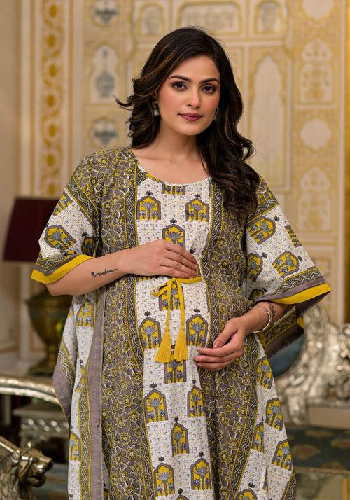 Mustard Taupe Printed Front Zipper Maternity Feeding Kaftan