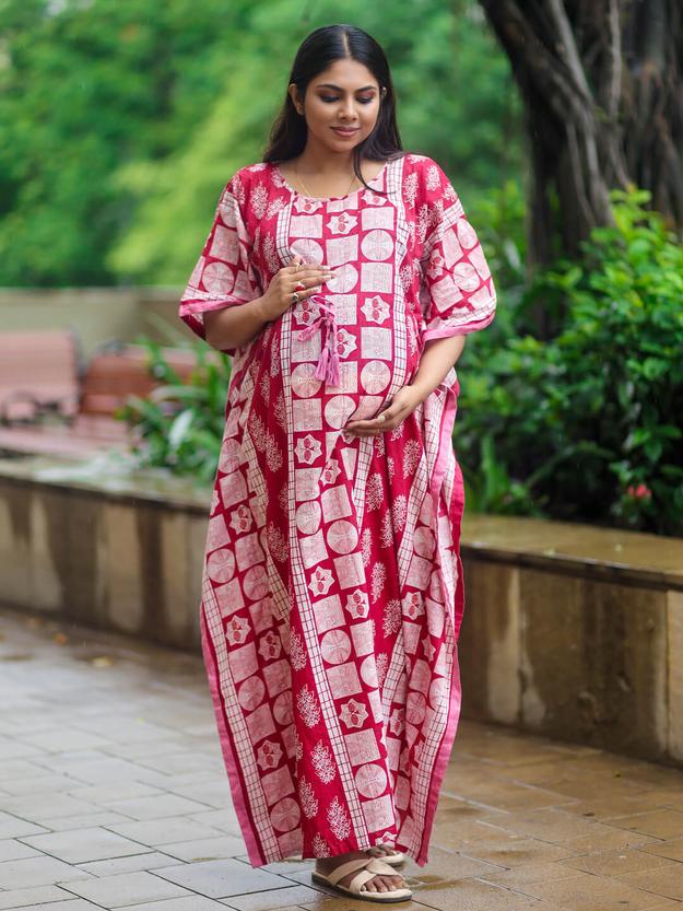 Maroon Printed Front Zipper Maternity Feeding Kaftan