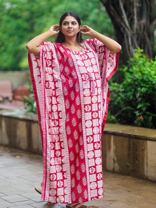 Maroon Printed Front Zipper Maternity Feeding Kaftan