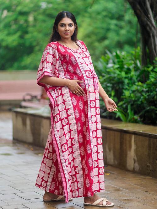 Maroon Printed Front Zipper Maternity Feeding Kaftan