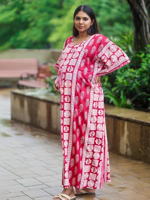 Maroon Printed Front Zipper Maternity Feeding Kaftan