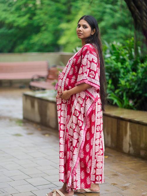 Maroon Printed Front Zipper Maternity Feeding Kaftan