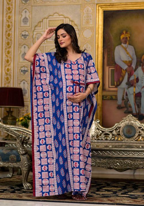 Indigo Red Printed Front Zipper Maternity Feeding Kaftan