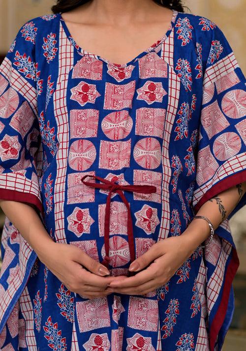 Indigo Red Printed Front Zipper Maternity Feeding Kaftan