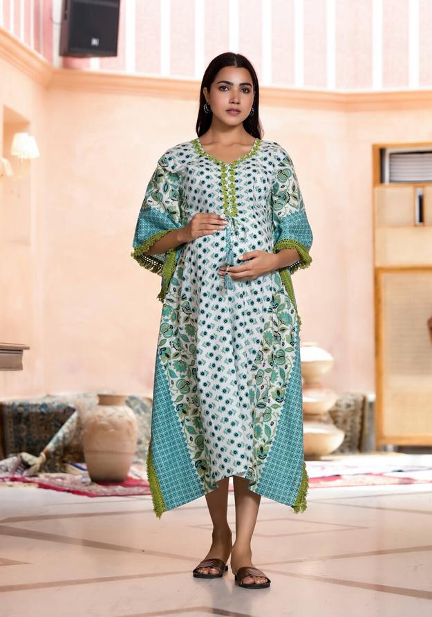 Turquoise Printed Maternity Feeding Kaftan Dress