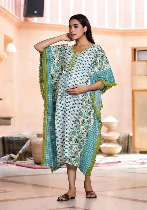 Turquoise Printed Maternity Feeding Kaftan Dress