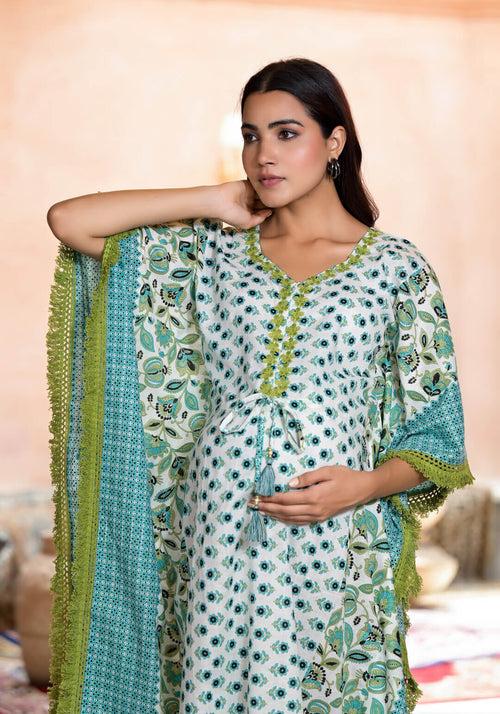 Turquoise Printed Maternity Feeding Kaftan Dress