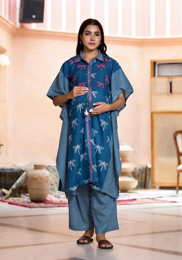 Indigo Blue Cotton Printed Maternity Feeding Kaftan Co-Ord Set