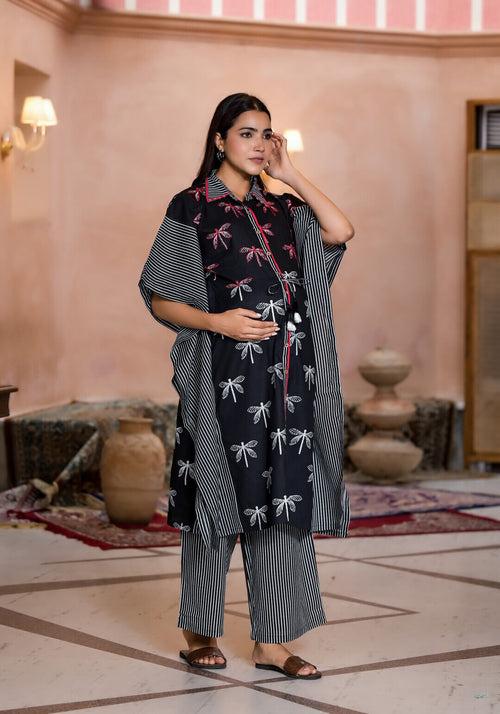 Black Cotton Printed Maternity Feeding Kaftan Co-Ord Set