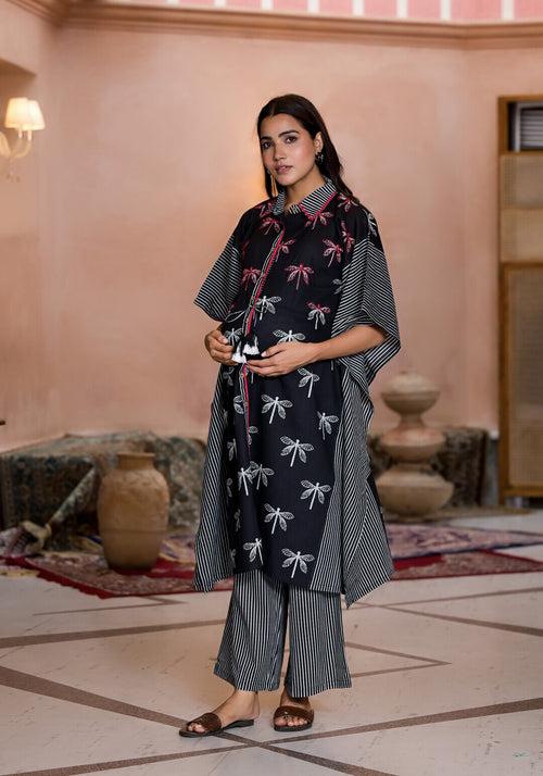 Black Cotton Printed Maternity Feeding Kaftan Co-Ord Set