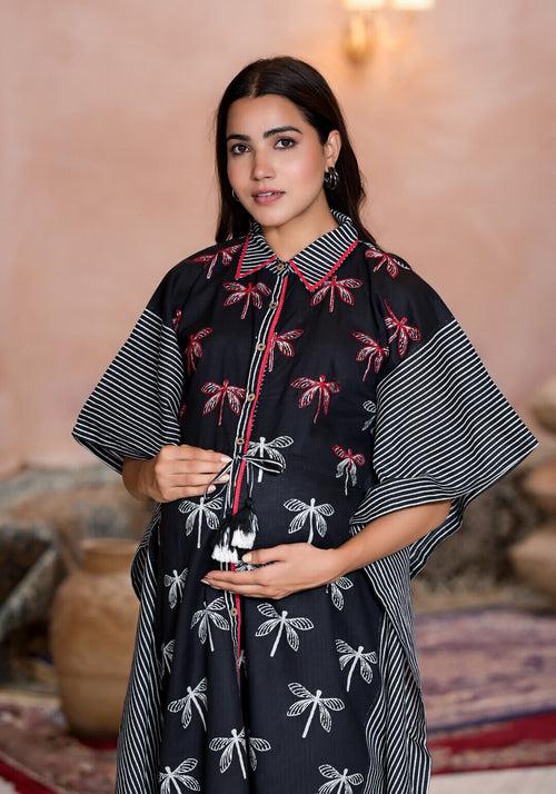 Black Cotton Printed Maternity Feeding Kaftan Co-Ord Set