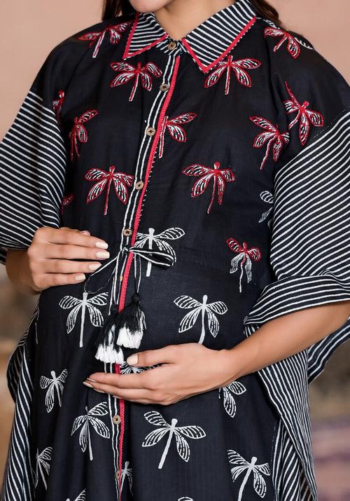 Black Cotton Printed Maternity Feeding Kaftan Co-Ord Set