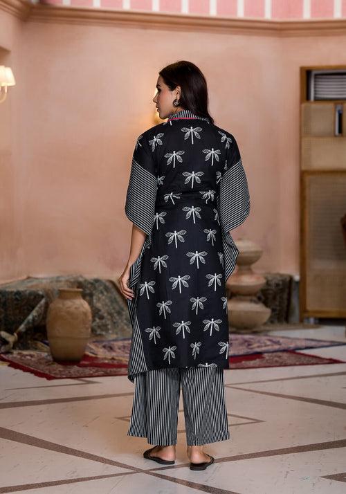 Black Cotton Printed Maternity Feeding Kaftan Co-Ord Set