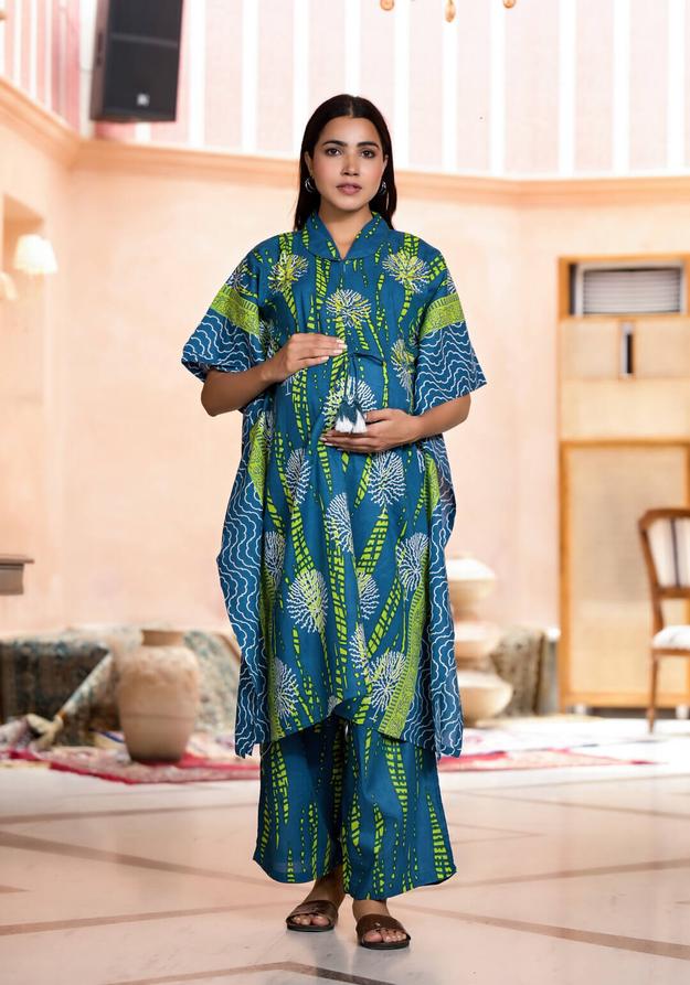 Blue Green Cotton Printed Maternity Feeding Kaftan Co-Ord Set