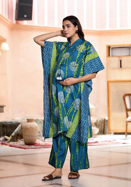 Blue Green Cotton Printed Maternity Feeding Kaftan Co-Ord Set