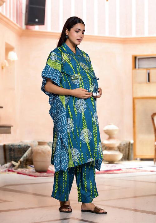 Blue Green Cotton Printed Maternity Feeding Kaftan Co-Ord Set