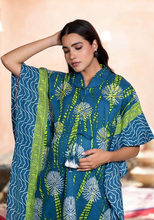 Blue Green Cotton Printed Maternity Feeding Kaftan Co-Ord Set