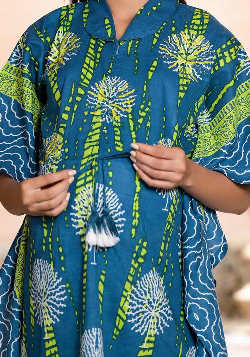 Blue Green Cotton Printed Maternity Feeding Kaftan Co-Ord Set