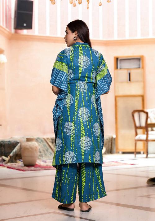 Blue Green Cotton Printed Maternity Feeding Kaftan Co-Ord Set