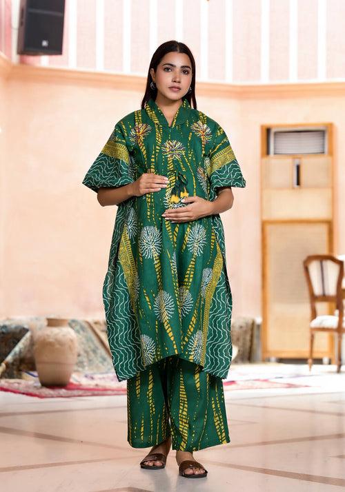 Bottle Green Yellow Cotton Printed Maternity Feeding Kaftan Co-Ord Set