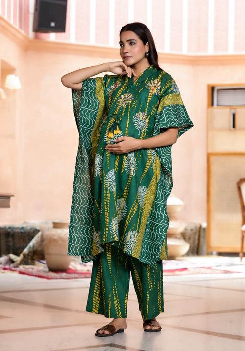 Bottle Green Yellow Cotton Printed Maternity Feeding Kaftan Co-Ord Set