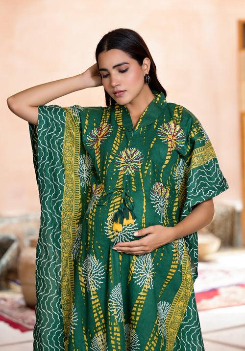 Bottle Green Yellow Cotton Printed Maternity Feeding Kaftan Co-Ord Set