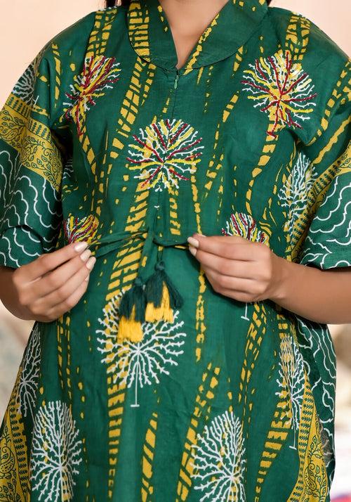 Bottle Green Yellow Cotton Printed Maternity Feeding Kaftan Co-Ord Set