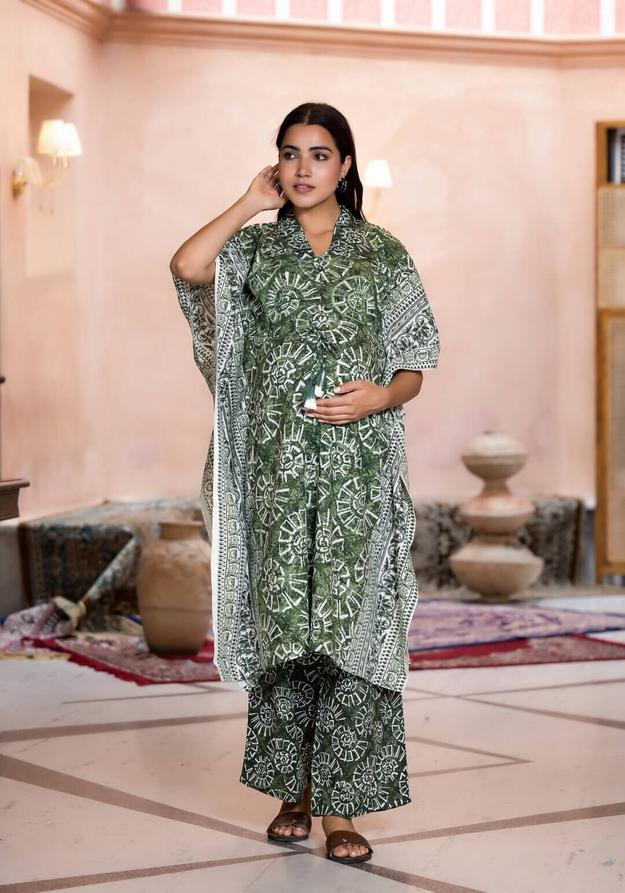 Olive Green Cotton Printed Maternity Feeding Kaftan Co-Ord Set