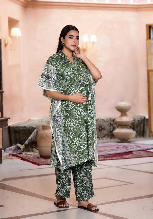 Olive Green Cotton Printed Maternity Feeding Kaftan Co-Ord Set