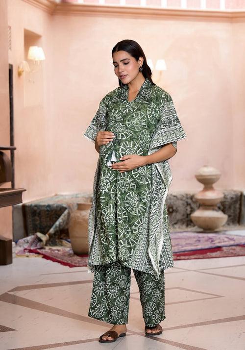 Olive Green Cotton Printed Maternity Feeding Kaftan Co-Ord Set