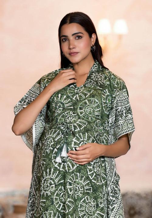 Olive Green Cotton Printed Maternity Feeding Kaftan Co-Ord Set