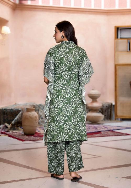 Olive Green Cotton Printed Maternity Feeding Kaftan Co-Ord Set