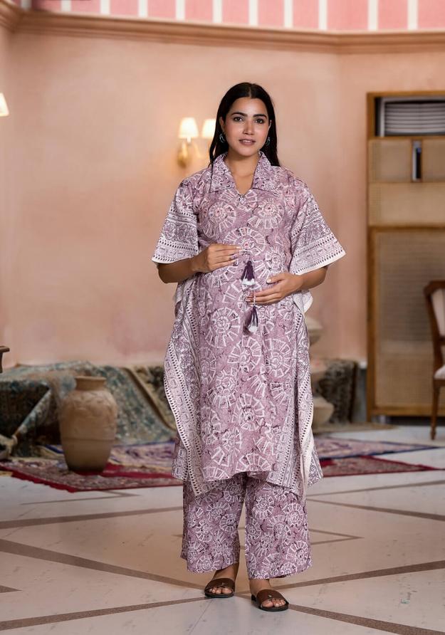 Onion Pink Cotton Printed Maternity Feeding Kaftan Co-Ord Set