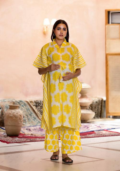 Yellow Cotton Printed Maternity Feeding Kaftan Co-Ord Set