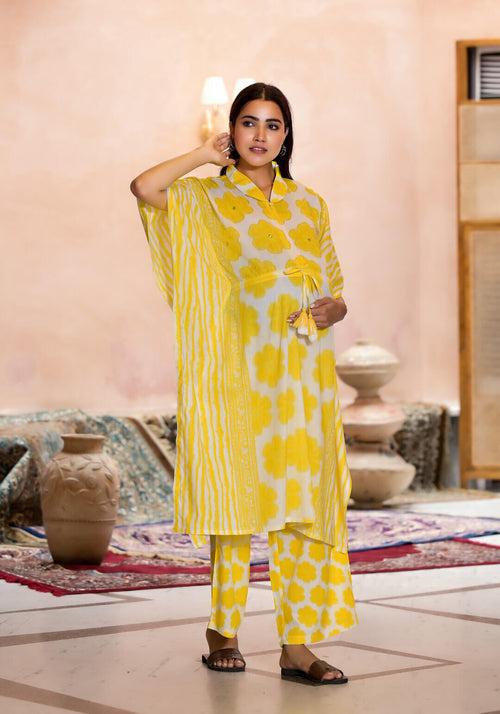 Yellow Cotton Printed Maternity Feeding Kaftan Co-Ord Set