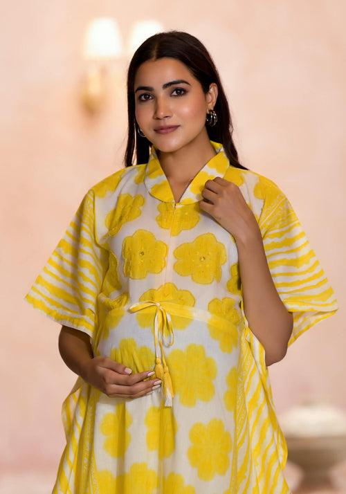 Yellow Cotton Printed Maternity Feeding Kaftan Co-Ord Set