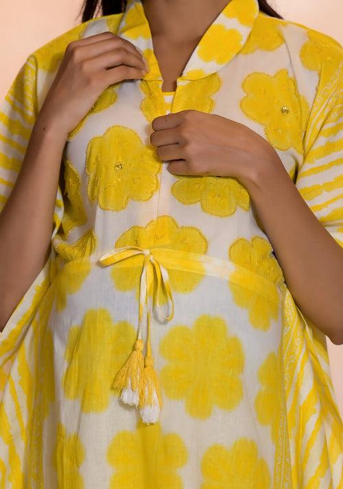 Yellow Cotton Printed Maternity Feeding Kaftan Co-Ord Set